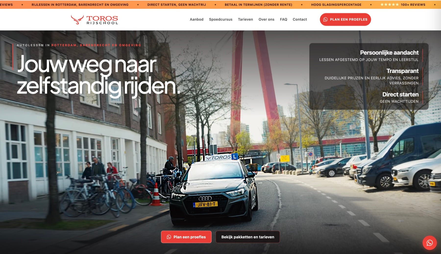Rijschool Toros homepage met eigen hero-video en proefles CTA