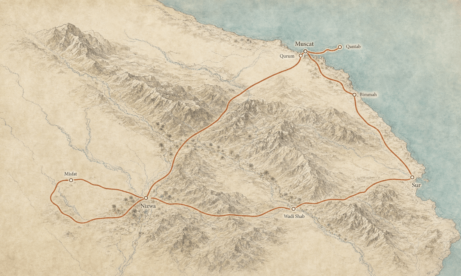 Geïllustreerd routeoverzicht van Noord-Oman met Muscat, Bimmah, Sur, Wadi Shab, Nizwa, Misfat, Qantab en Qurum